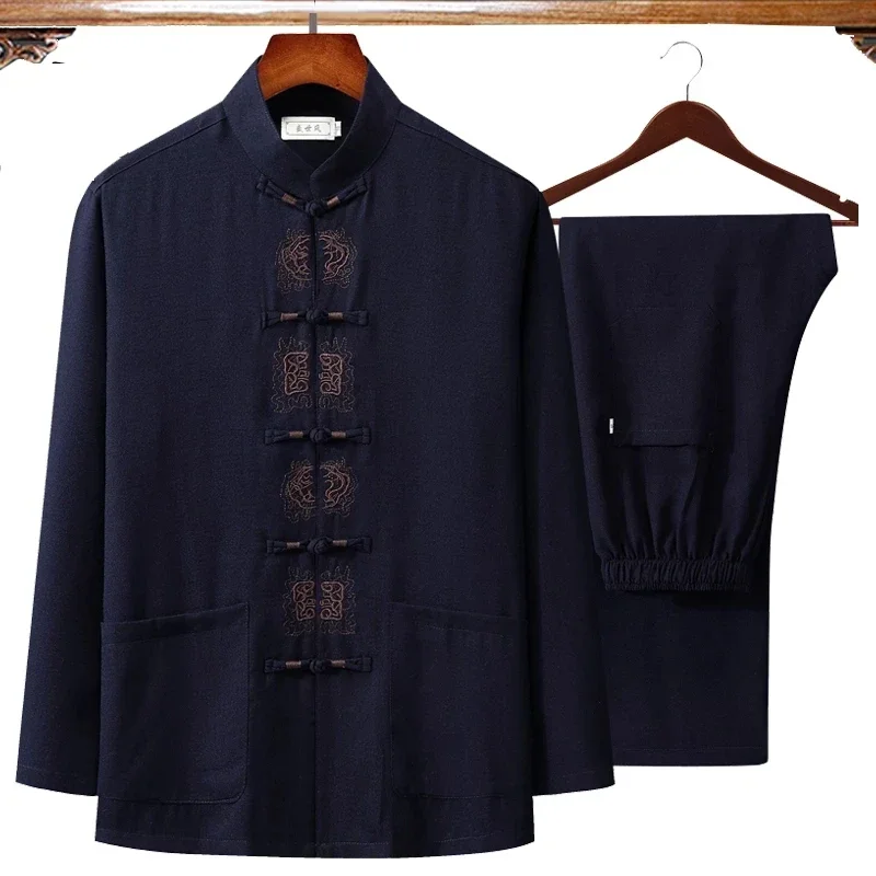 Mens Linen Shirt Long Sleeve - Pakaian bordir pria Cina musim gugur