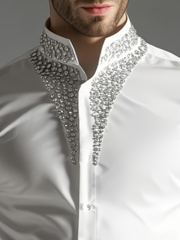 Mandarin Collar Formal Shirt Slim Fit - Kemeja Mewah Berhias Berlian Imitasi untuk