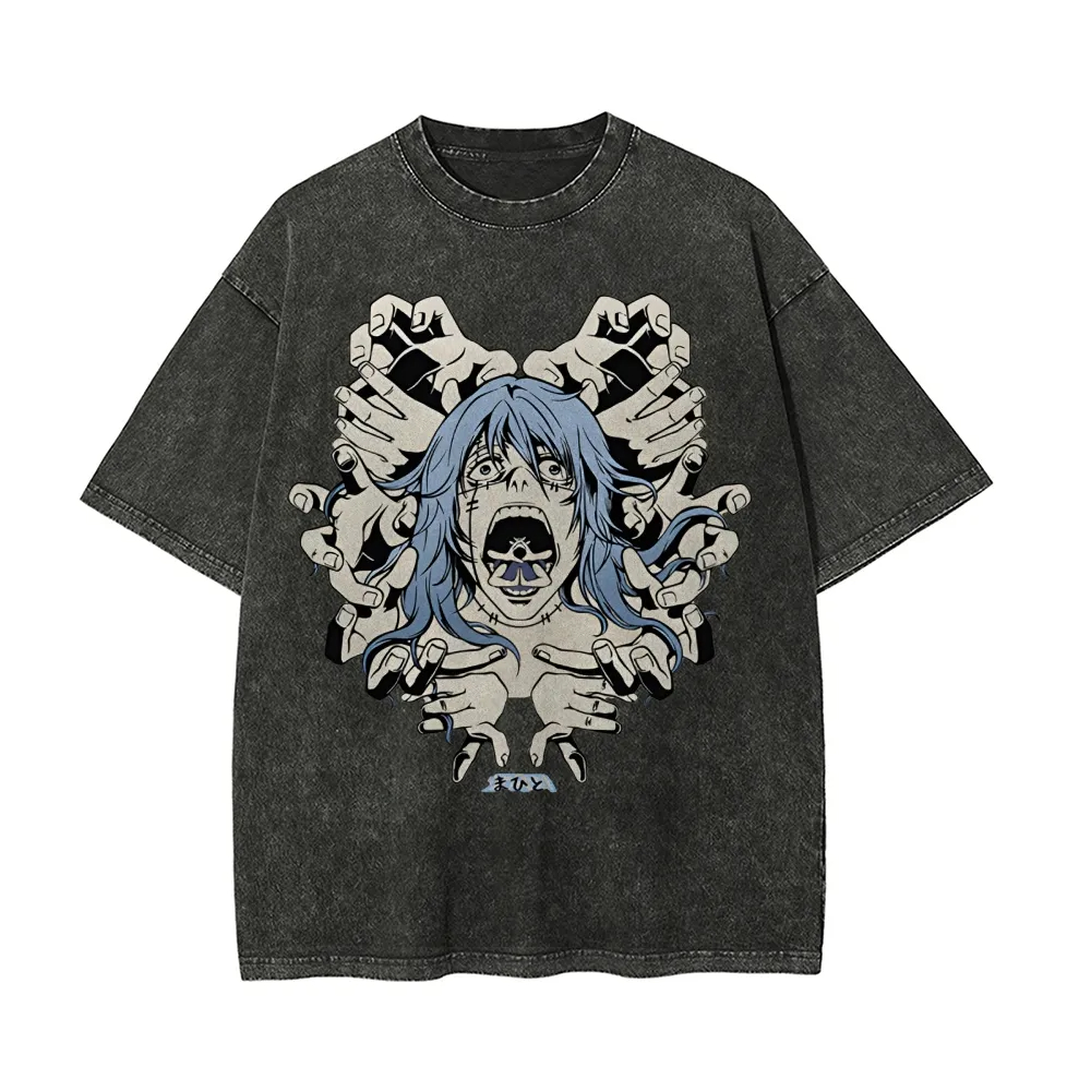 Acid Wash Vintage Graphic T Shirt - Kaos Mahito Jujutsu Kaisen Pria Acid