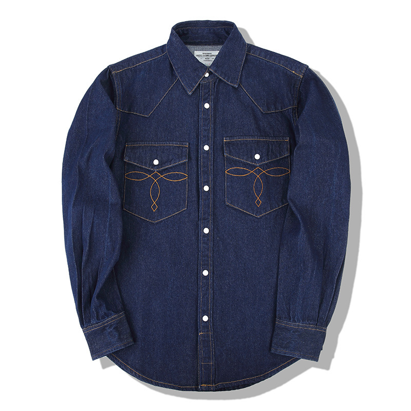 Mens Western Denim Pearl Snap Shirt - Kemeja Denim Vintage American Wash dengan