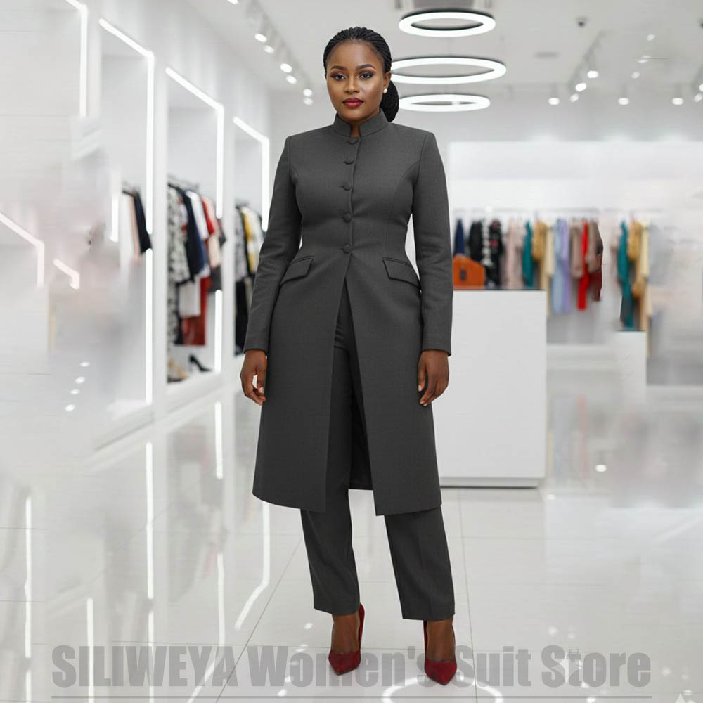 Mandarin Collar Formal Shirt Slim Fit - Setelan Dua Potong Wanita Pakaian Kerah
