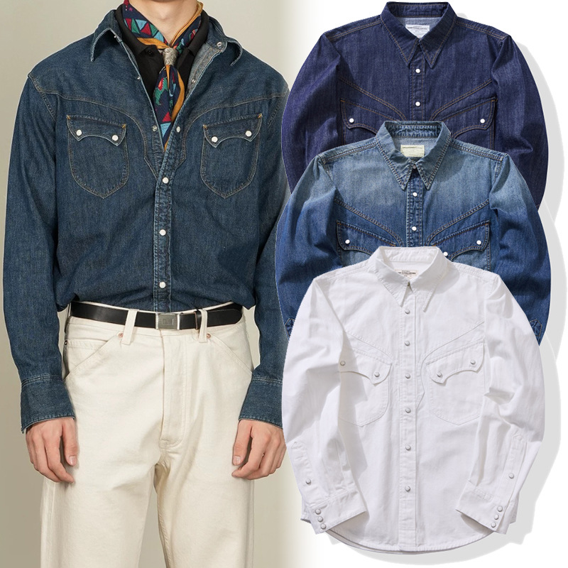 Mens Western Denim Pearl Snap Shirt - Kemeja Western Kancing Mutiara Vintage Amerika