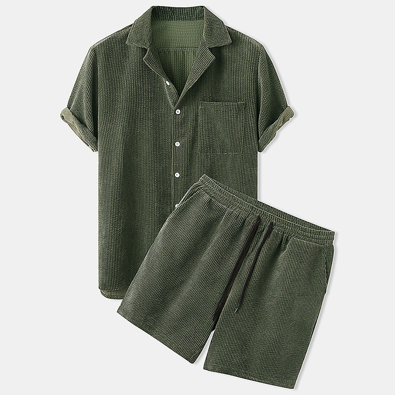 Corduroy Button Up Shirt Men - Set Kemeja dan Celana Pendek Korduroi
