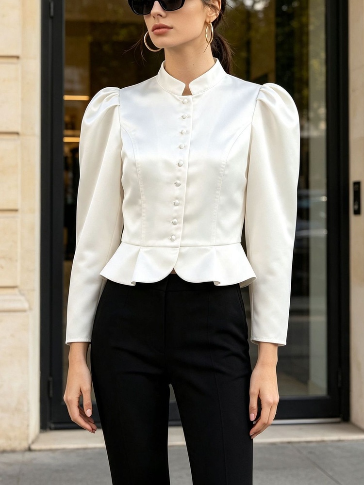 Mandarin Collar Formal Shirt Slim Fit - Blus Peplum Lengan Panjang Bahu Mengembang