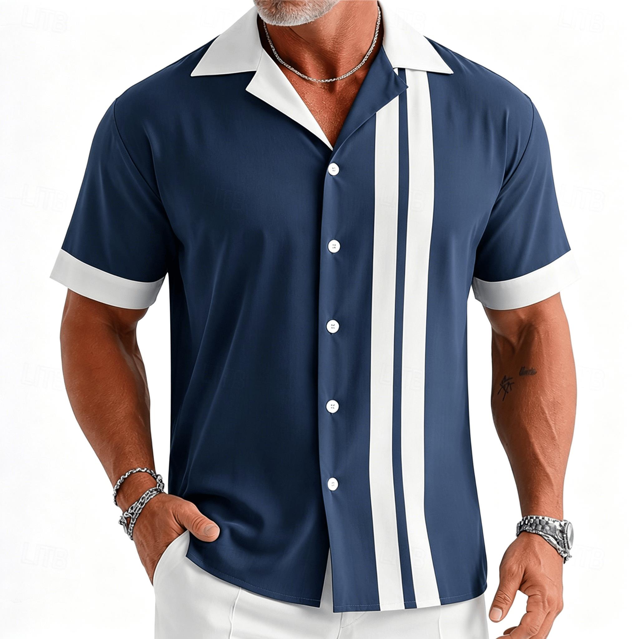Short Sleeve Bowling Shirt Retro - Kemeja bowling vintage pria warna biru