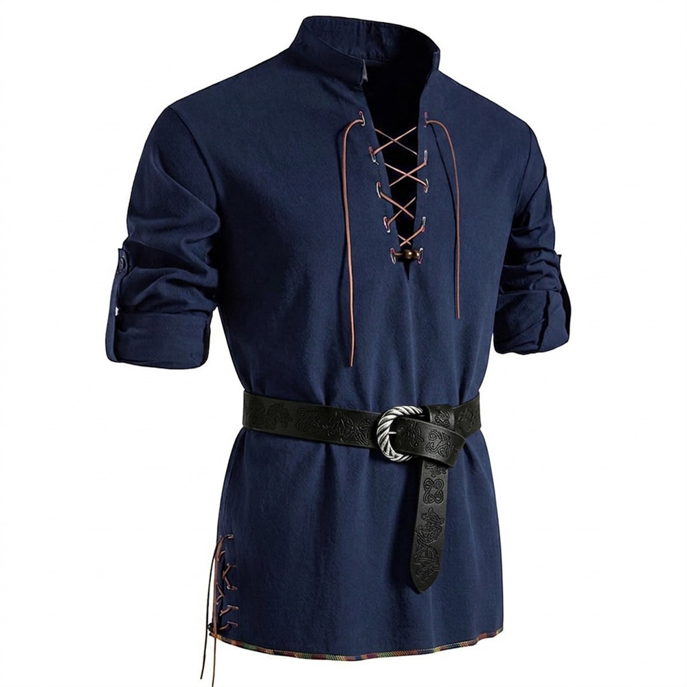 Medieval Gothic Lace Up Pirate Shirt - Kemeja Vintage Pria Katun Lengan Panjang
