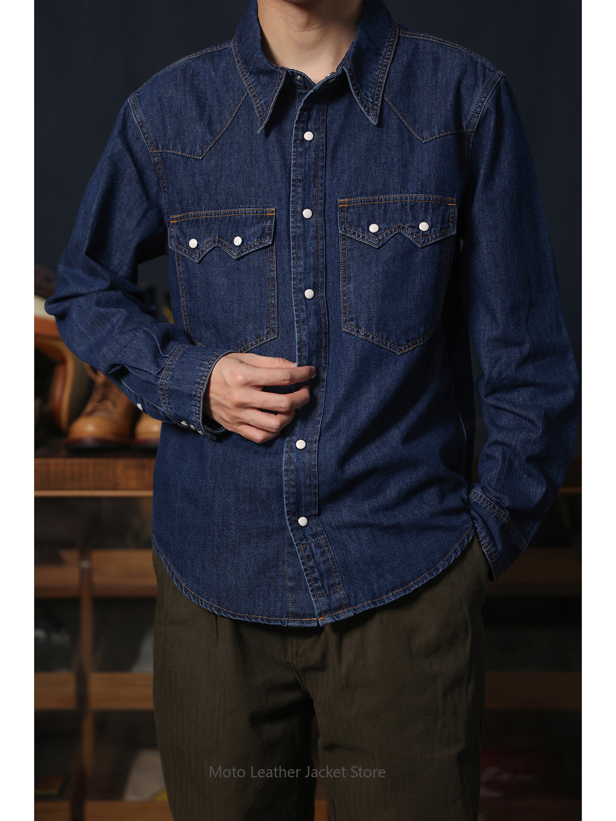 Mens Western Denim Pearl Snap Shirt - Kemeja Denim Retro Amerika Gaya Barat,