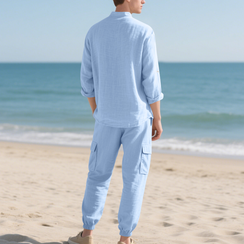 Setelan Linen Pria Dua Potong  - Mens Linen Shirt Long Sleeve ulasan dan harga