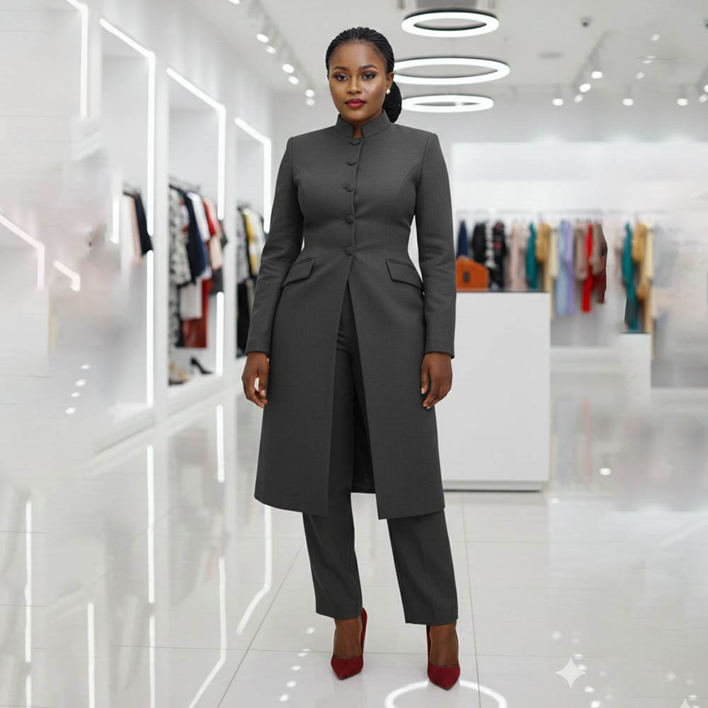 Setelan Dua Potong Wanita Paka - Mandarin Collar Formal Shirt Slim Fit ulasan dan harga