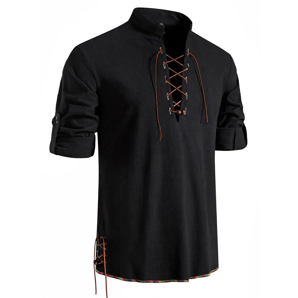 Kemeja Pria Model Henley Neck  - Medieval Gothic Lace Up Pirate Shirt ulasan dan harga