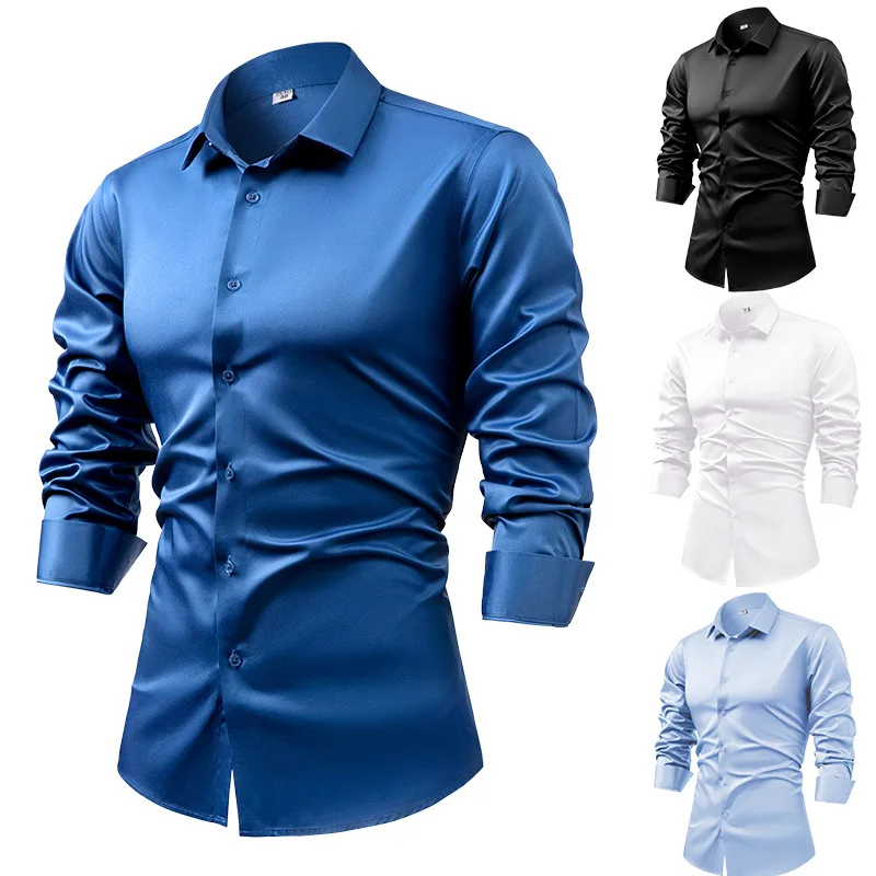 Kemeja lengan panjang untuk pr - Mens Satin Silk Dress Shirt ulasan dan harga