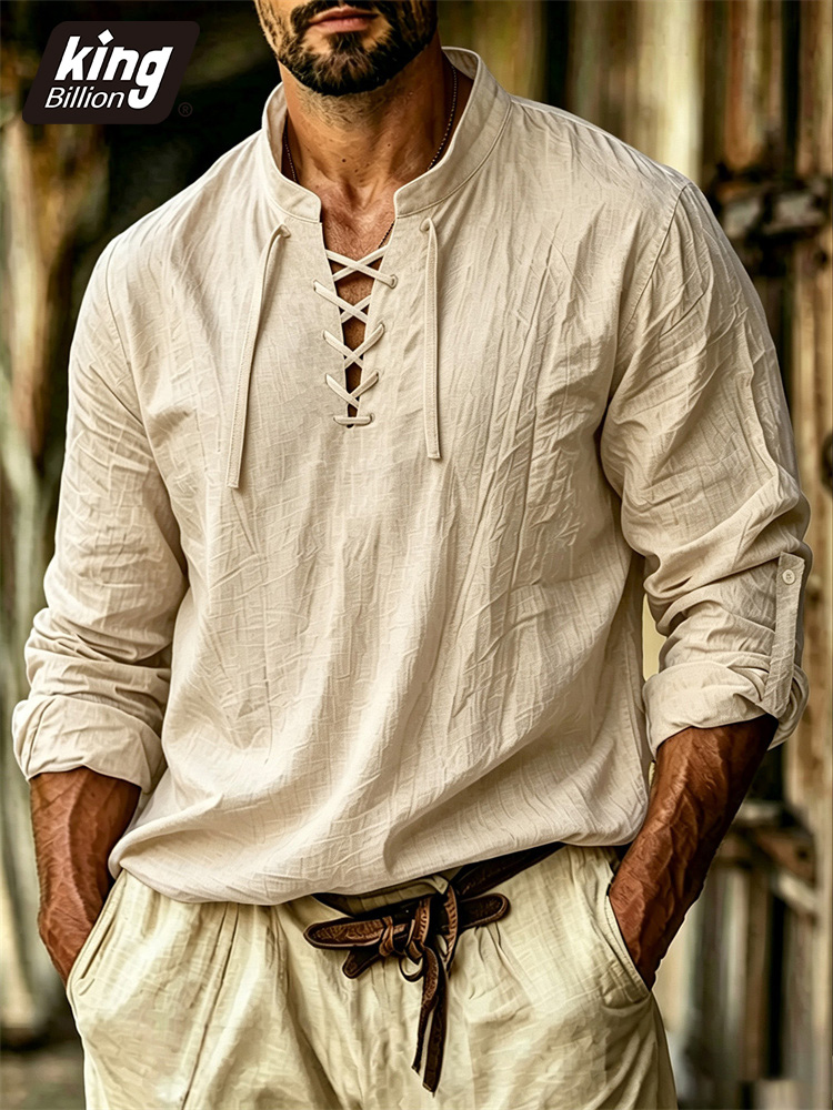 Kaos Pria V-neck Gaya Bajak La - Medieval Gothic Lace Up Pirate Shirt ulasan dan harga