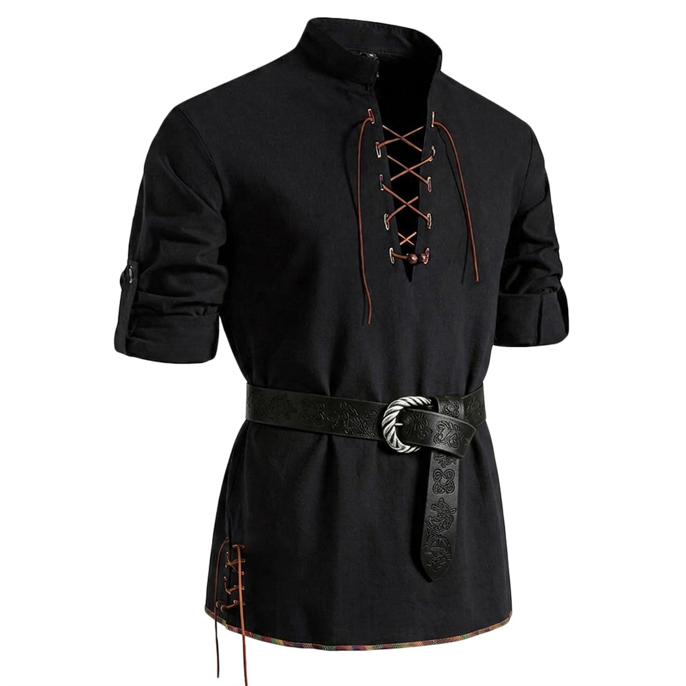 Kemeja Vintage Pria Katun Leng - Medieval Gothic Lace Up Pirate Shirt ulasan dan harga