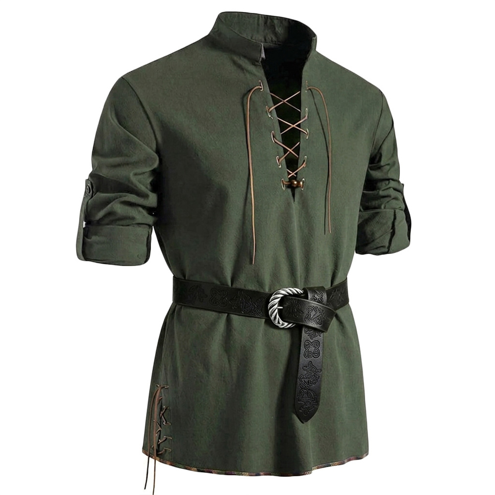 Kemeja Vintage Pria Katun Leng - Medieval Gothic Lace Up Pirate Shirt ulasan dan harga