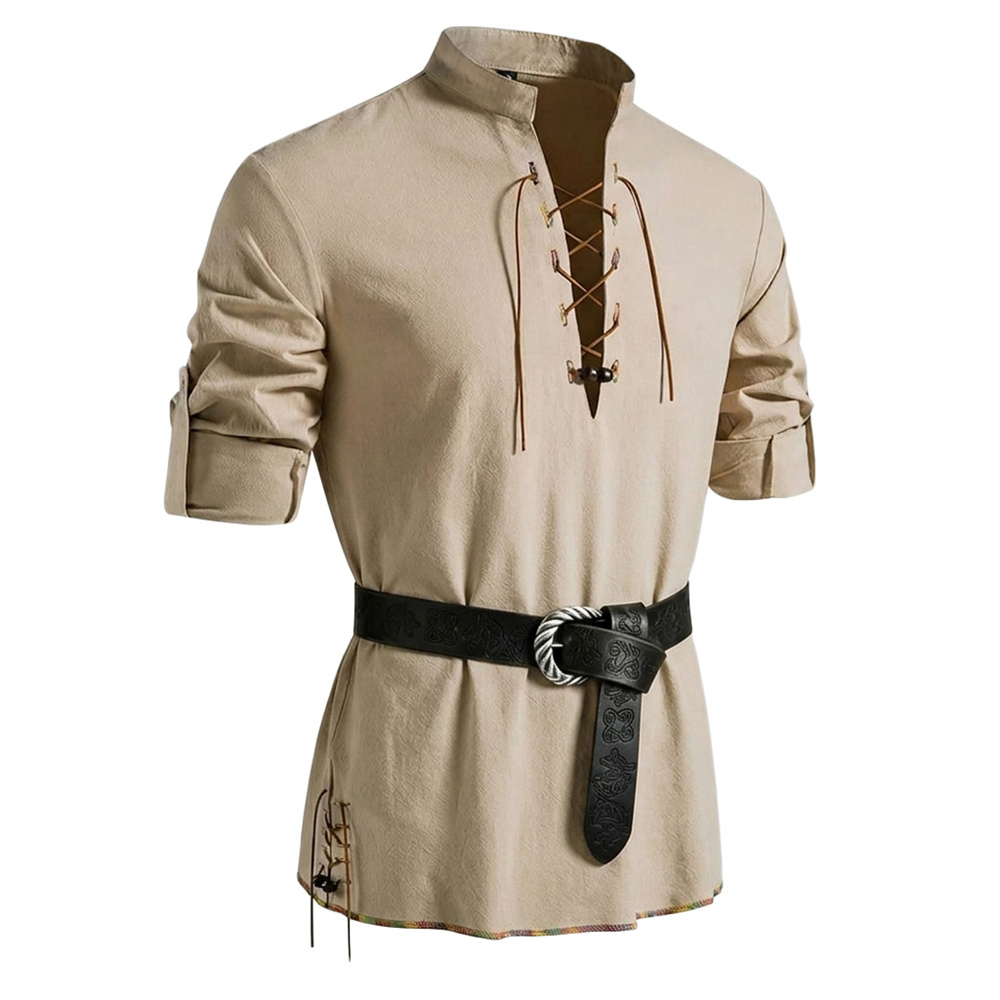 Kemeja Vintage Pria Katun Leng - Medieval Gothic Lace Up Pirate Shirt ulasan dan harga