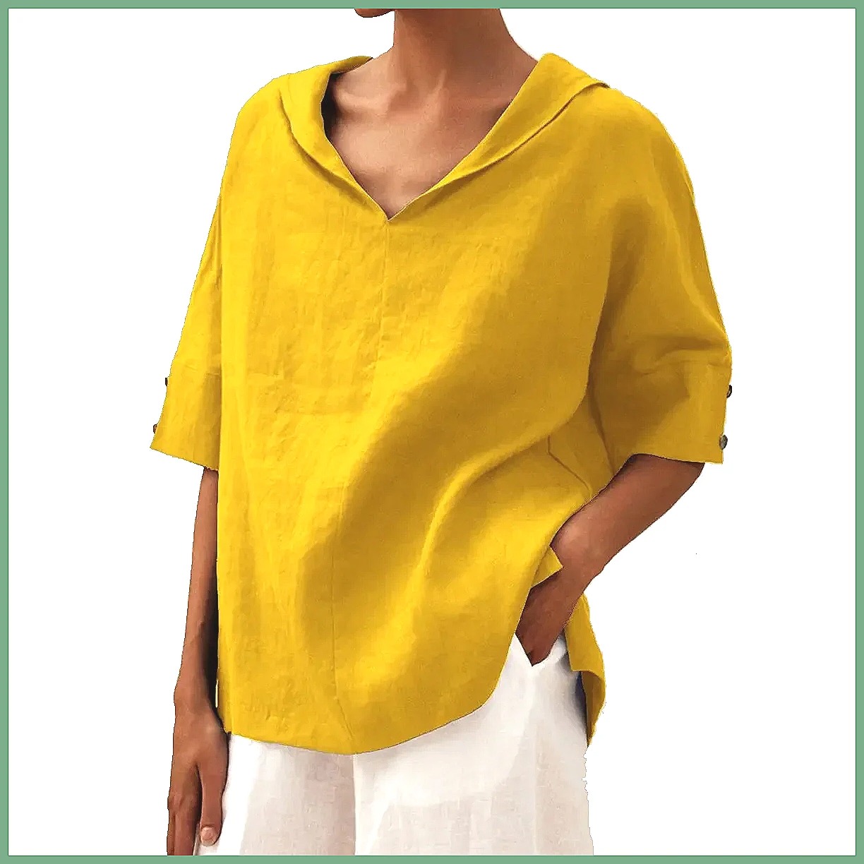 Kemeja Linen Katun Kerah V Lon - Shirts ulasan dan harga