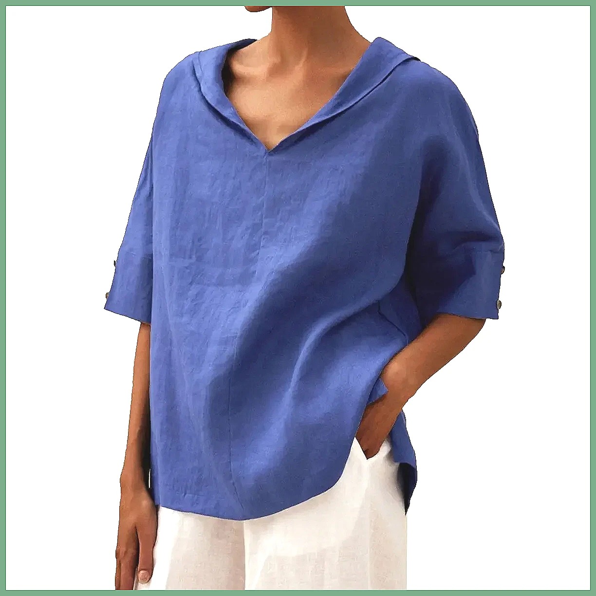 Kemeja Linen Katun Kerah V Lon - Shirts ulasan dan harga