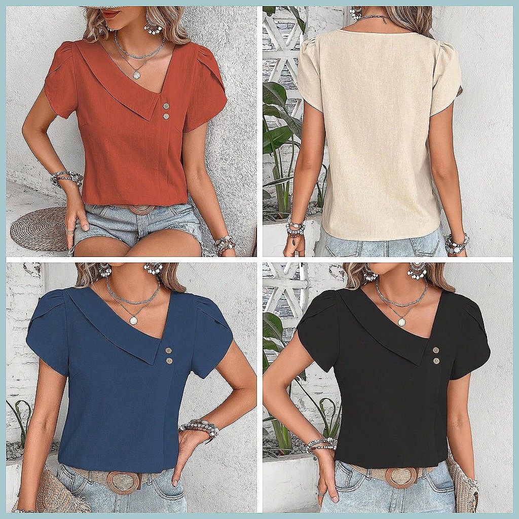 Blus Warna Solid Vintage Musim - Shirts ulasan dan harga