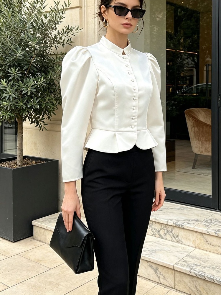 Blus Peplum Tossy Lengan Panja - Mandarin Collar Formal Shirt Slim Fit ulasan dan harga