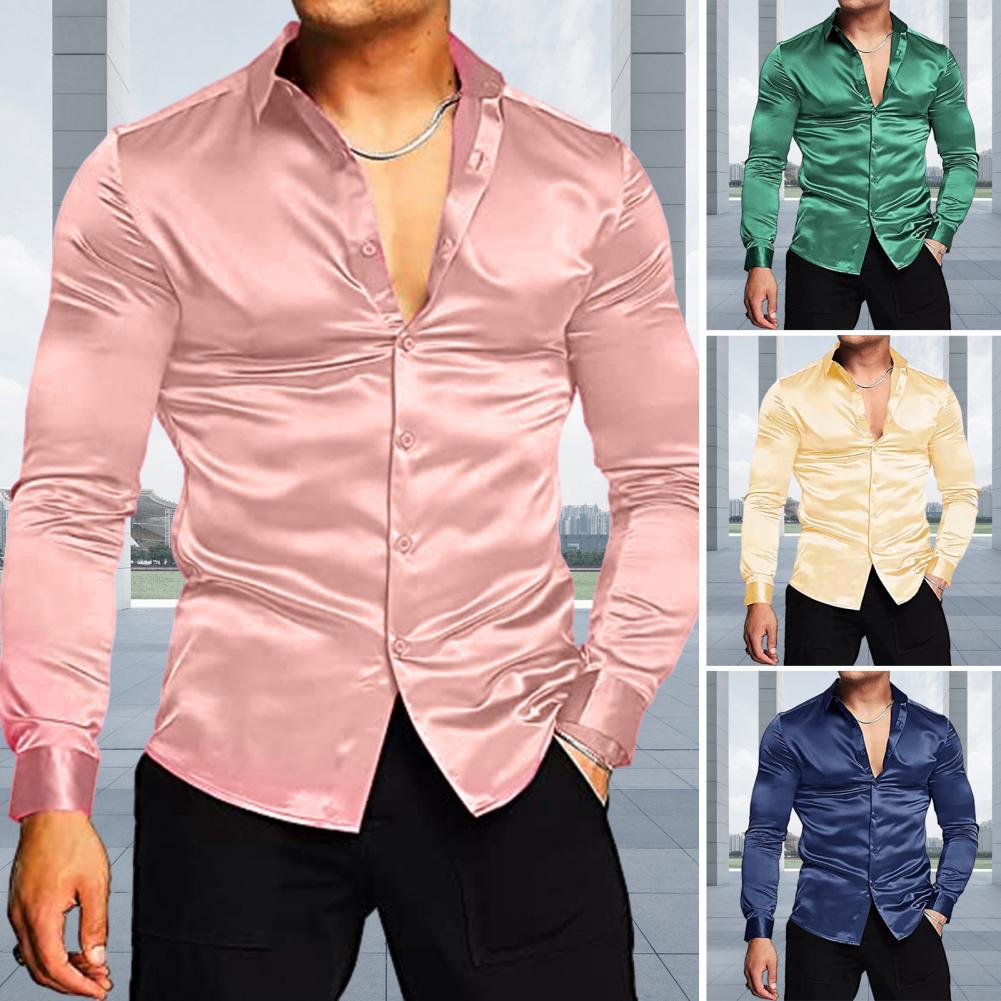 Kemeja Pria Bergaya Bahan Sati - Mens Satin Silk Dress Shirt ulasan dan harga